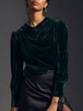 Anthropologie BTFL-Life Velvet Draped Long-Sleeve Top in Deep Emerald Green S